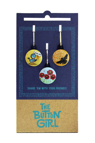 Zipper Pull Set - bird, bee, poppy