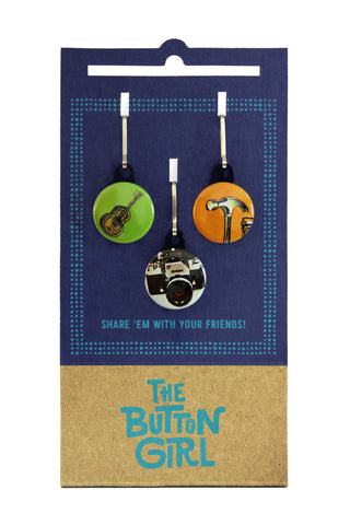 Zipper Pull Set - guitar, hammer, camera