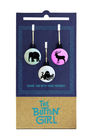 Zipper Pull Set - elephant, buck, octopus